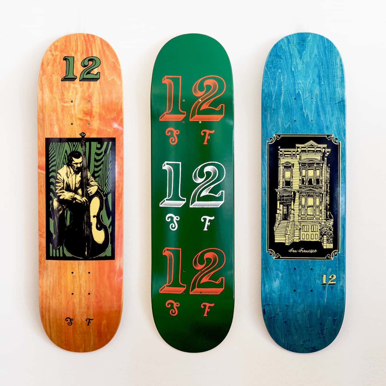 jazz and san francisco themed skateboard graphics and design. Three skateboard decks by chris morgan creative