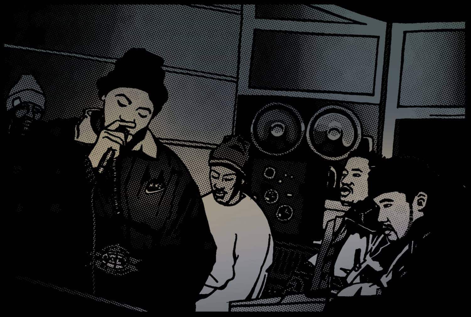 Drawing of Nas in the studio with hip hop legends Q-Tip and crew recording the 90's classic golden era hip hop album Illmatic.